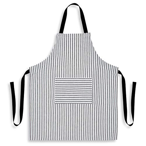 Cackleberry Home Red and White Ticking Stripe Woven Cotton Bib Apron Pocket Adjustable Strap