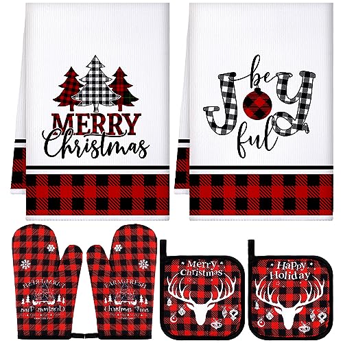 Bencailor 6 Pcs Christmas Kitchen Set Christmas Tree Kitchen Towels Oven Mitts and Pot Holders Set Dish Towel Heat Resistant Oven Mitts for Xmas Decor Cooking Baking Grilling(Tree)