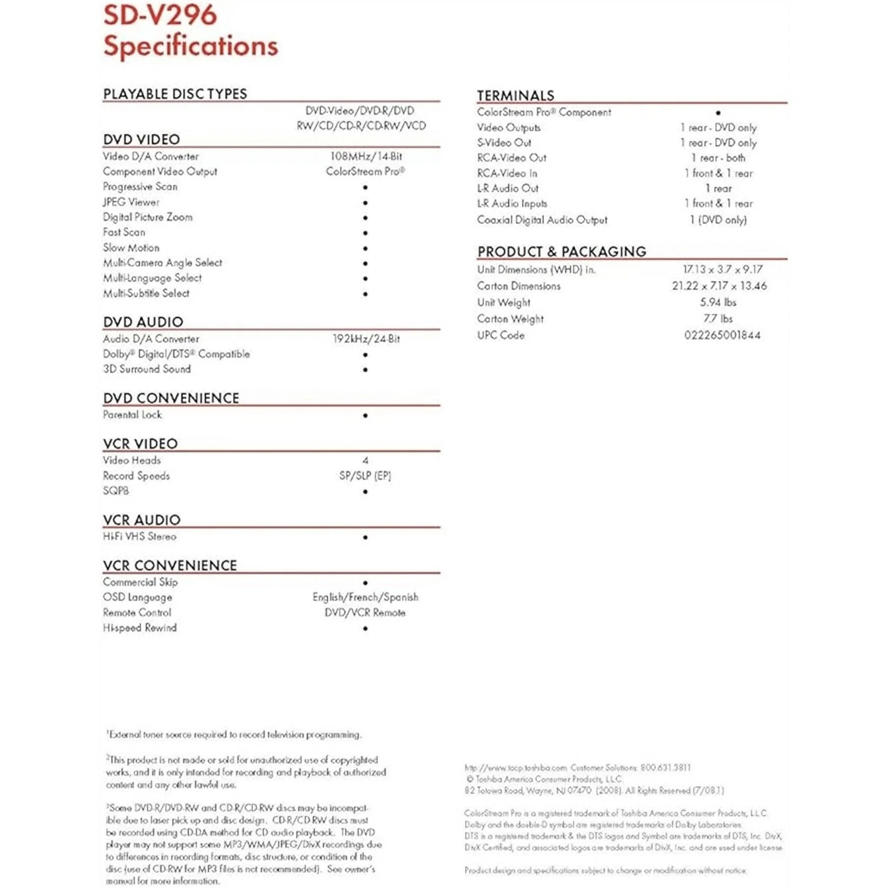Toshiba SD-V296 DVD & VCR Combo, Black