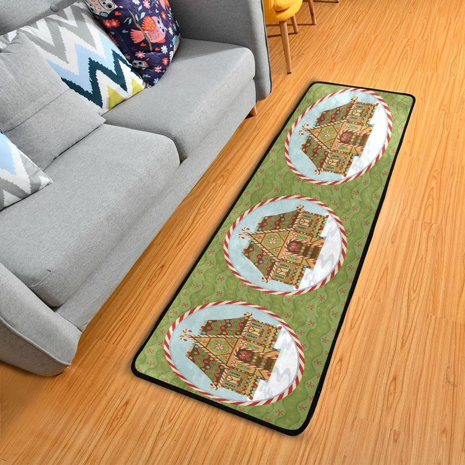 SKYSONIC 2X6 Feet Christmas Gingerbread House Runner Rug with Rubber Backing, Adorable Candy Cane Non Slip Entryway Rug Runner Washable Soft Area Rug Carpet for Hallway Bedroom Kitchen Decor