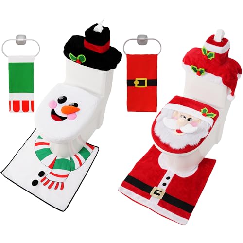 JOYIN 2 Set 5 Pieces Christmas Theme Bathroom Decoration Set w/Toilet Seat Cover, Rugs, Tank Cover, Toilet Paper Box Cover and Santa Towel for Xmas Indoor Décor, Party Favors (Santa & Snowman)