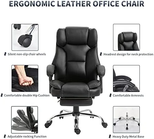 KHBIULIFE Reclining Office Chair with Footrest-Executive Computer Desk Chairs with Adjustable High Back Recliner Chair  Thick Padded Strong Metal Base Quiet Wheels  PU Leather  Black