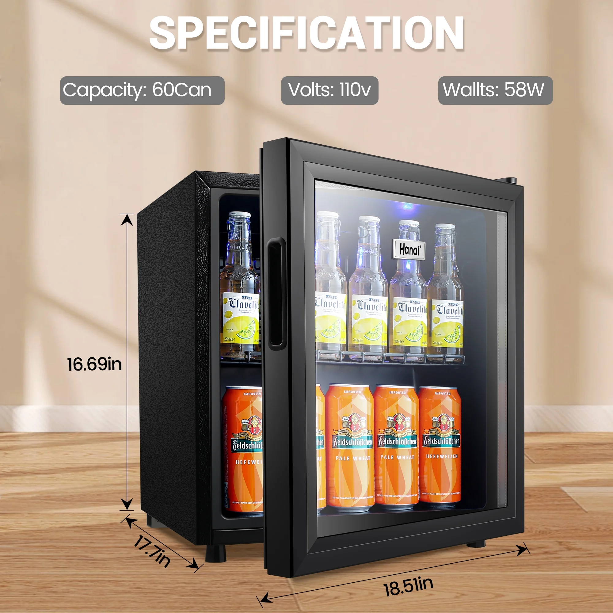 WANAI Mini Fridge with Glass Door 50 Can Mini Cooler with Wine Rack,Stainless Steel Look