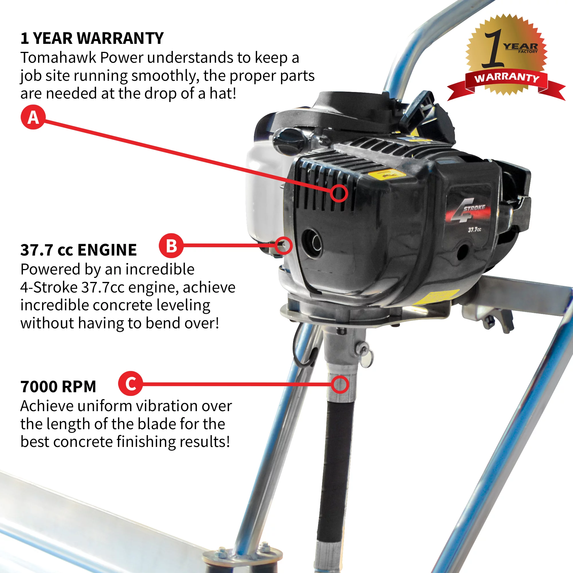 TOMAHAWK 37.7cc Gas Concrete Power Screed Cement Finishing Vibrating Motor with 12ft Aluminum Board Straight Edge Bar Set