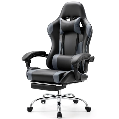 Ergonomic Gaming Office Desk Chair with Footrest, Height Adjustable 360° Swivel Computer Chair with Headrest and Lumbar Support, New Grey