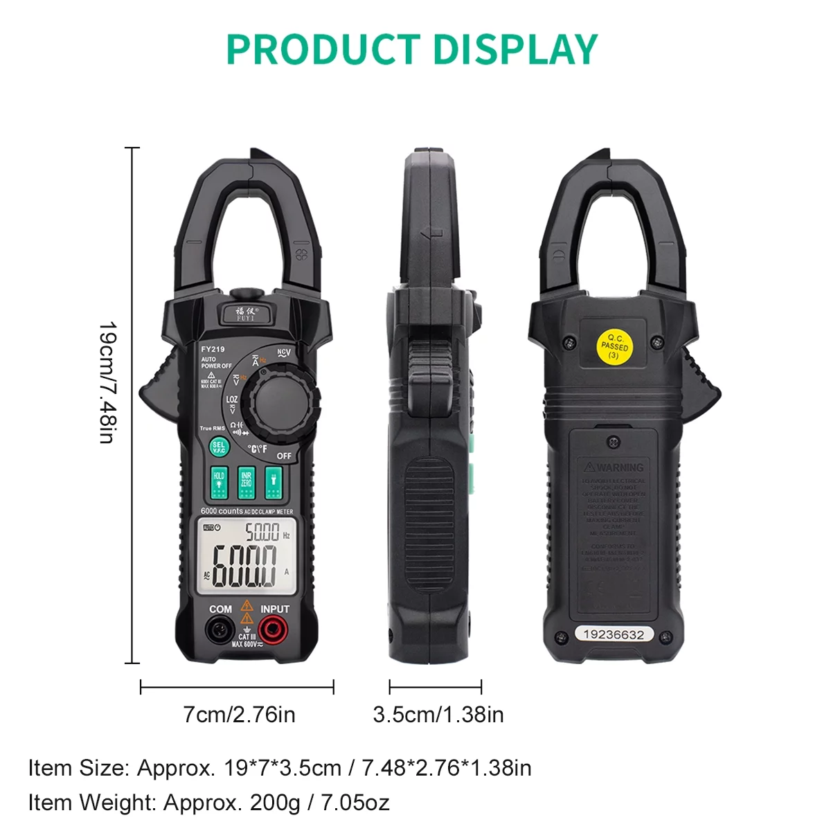 FUYI AC DC Inrush Current Clamp Meter 6000 Count Automatic Clamp Multimeter Testing Multifunctional Dual Display True RMS AC DC Surge Current Clamp Ammeter Clamp Gauge Black FY219