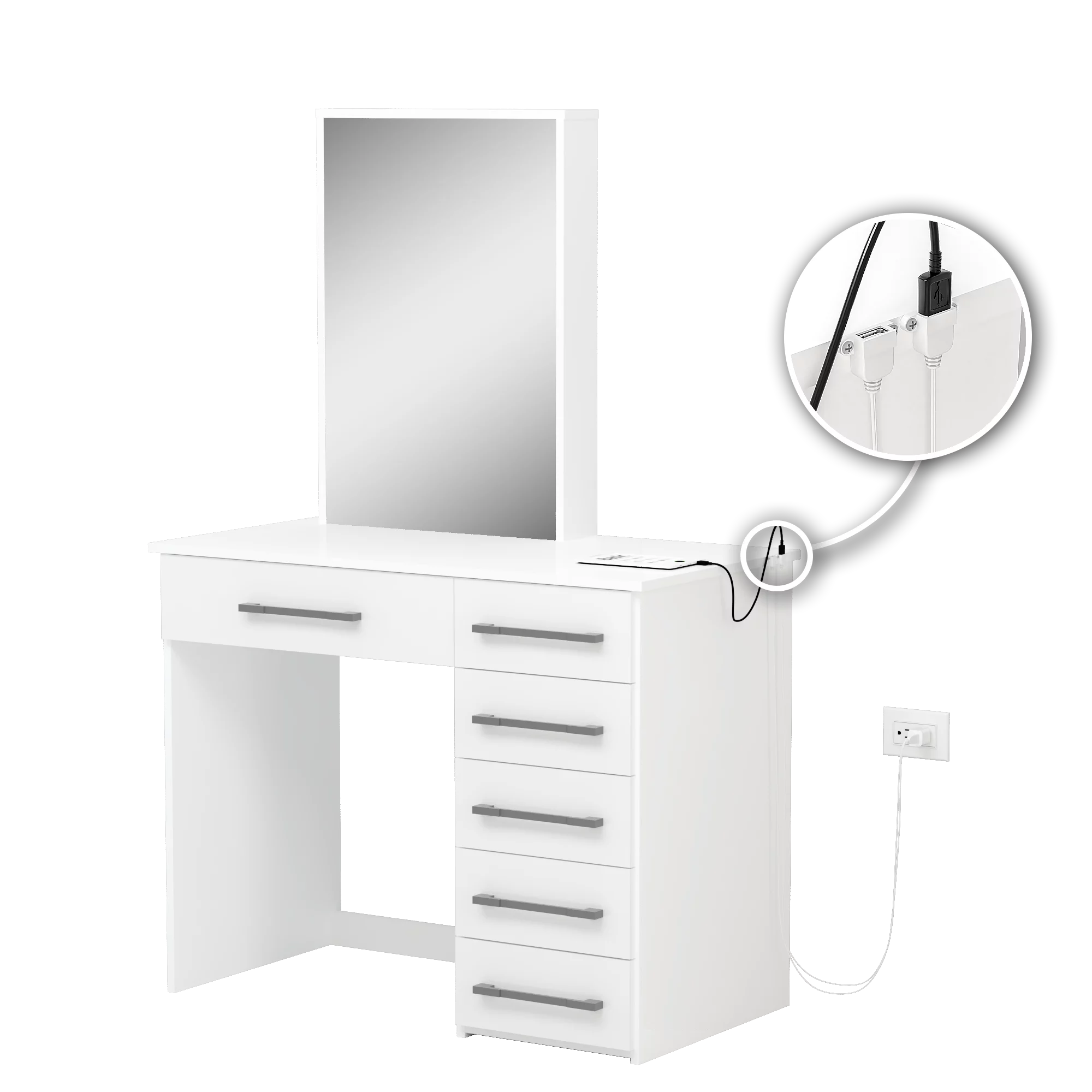 Ember Interiors Genette Modern White Painted Vanity Table, USB Port, for Bedroom
