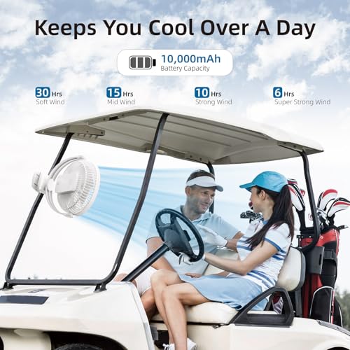 10000mAh 30hrs Portable Fan Rechargeable, 8-Inch Battery Operated Clip on Fan, USB Fans, 4 Speeds, Strong Airflow, Sturdy Clamp for Golf Cart Office Desk Outdoor Travel Camping Bed Truck Treadmill