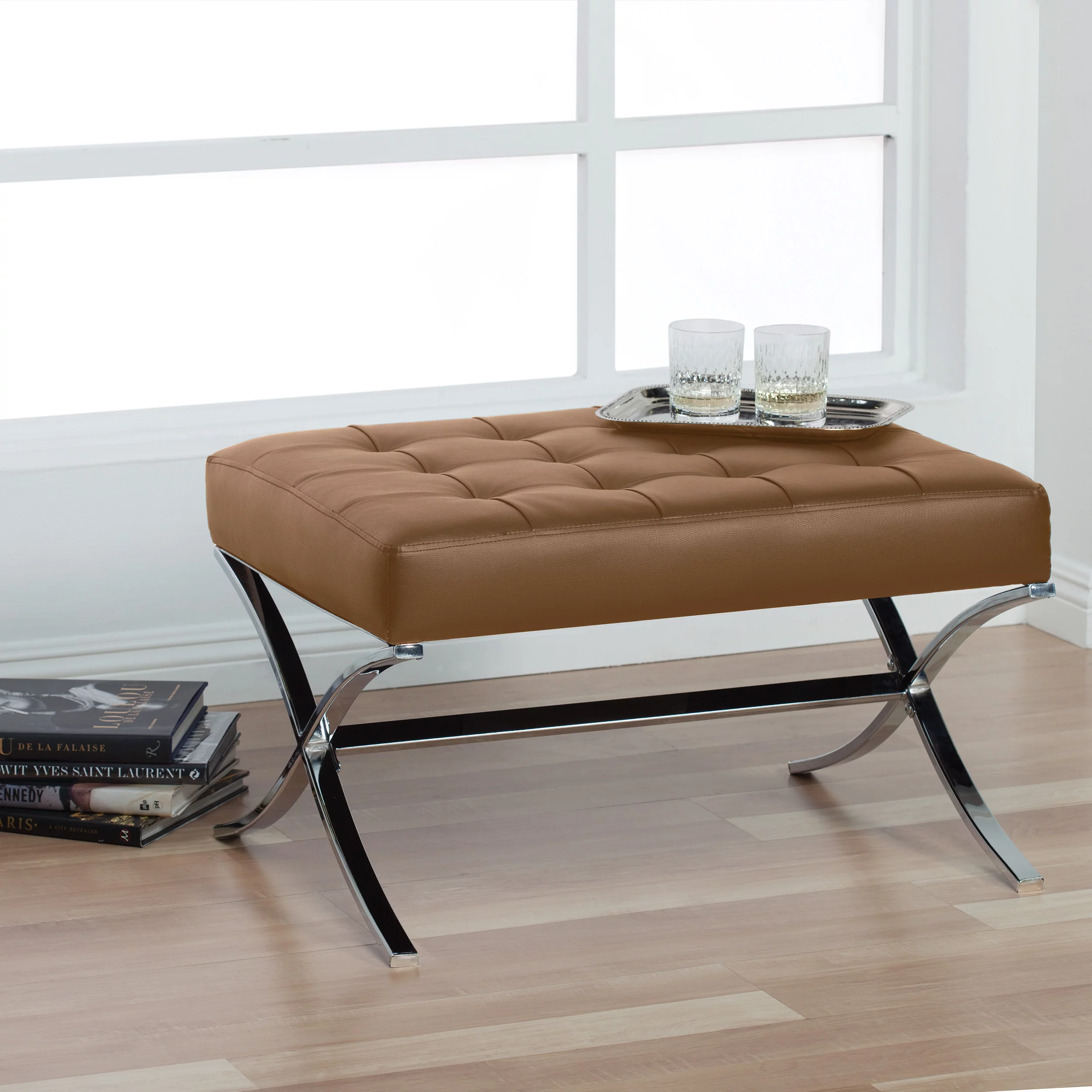 Studio Designs Home Atrium Bonded Leather Tufted Ottoman, Caramel Brown