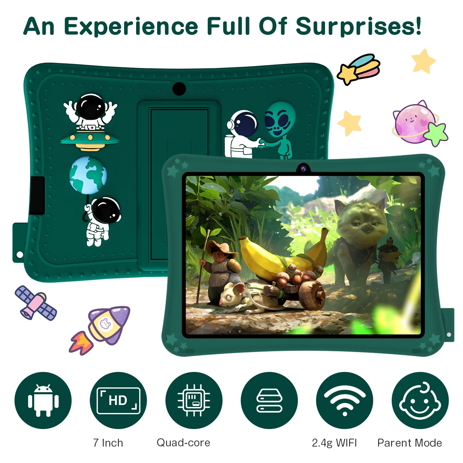 Kids Tablet 7 inch Android 11，32GB ROM 2GB RAM，Parent Control，WiFi，Protective Case, Green