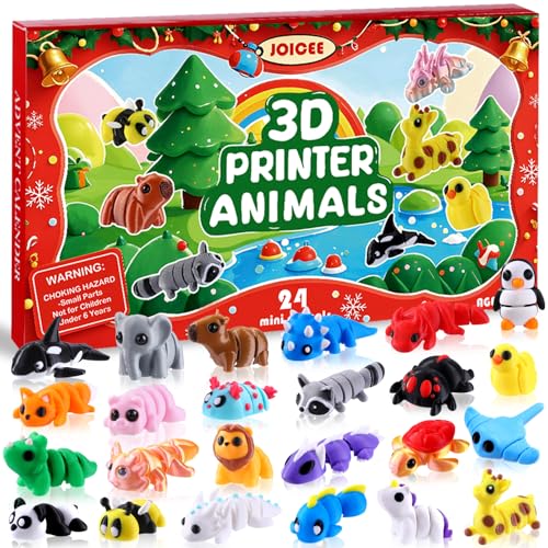 JOICEE 2025 Christmas Advent Calendar with Mini 3D Print Animals, 24 Days Mini Animal Figurines Toys Set Xmas Articulated Flexible Fidget Gifts for Kids Boys Girls Christmas Party Favors