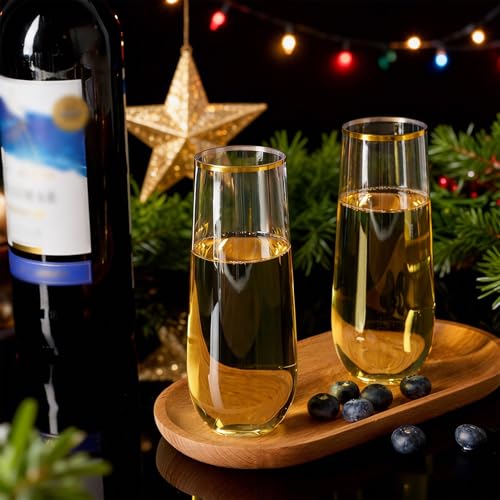 FOCUSLINE 24 Pack 9 Oz Plastic Stemless Gold Rim Champagne Flutes, Heavy Duty, Shatterproof, Disposable & Reusable Crystal Clear Toasting Glasses