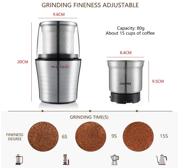 2-in-1 Electric Coffee Grinder Plus Wet and Dry Spice Grinder with 2 Stainless Steel Blades Removable Bowls, SA-2915
