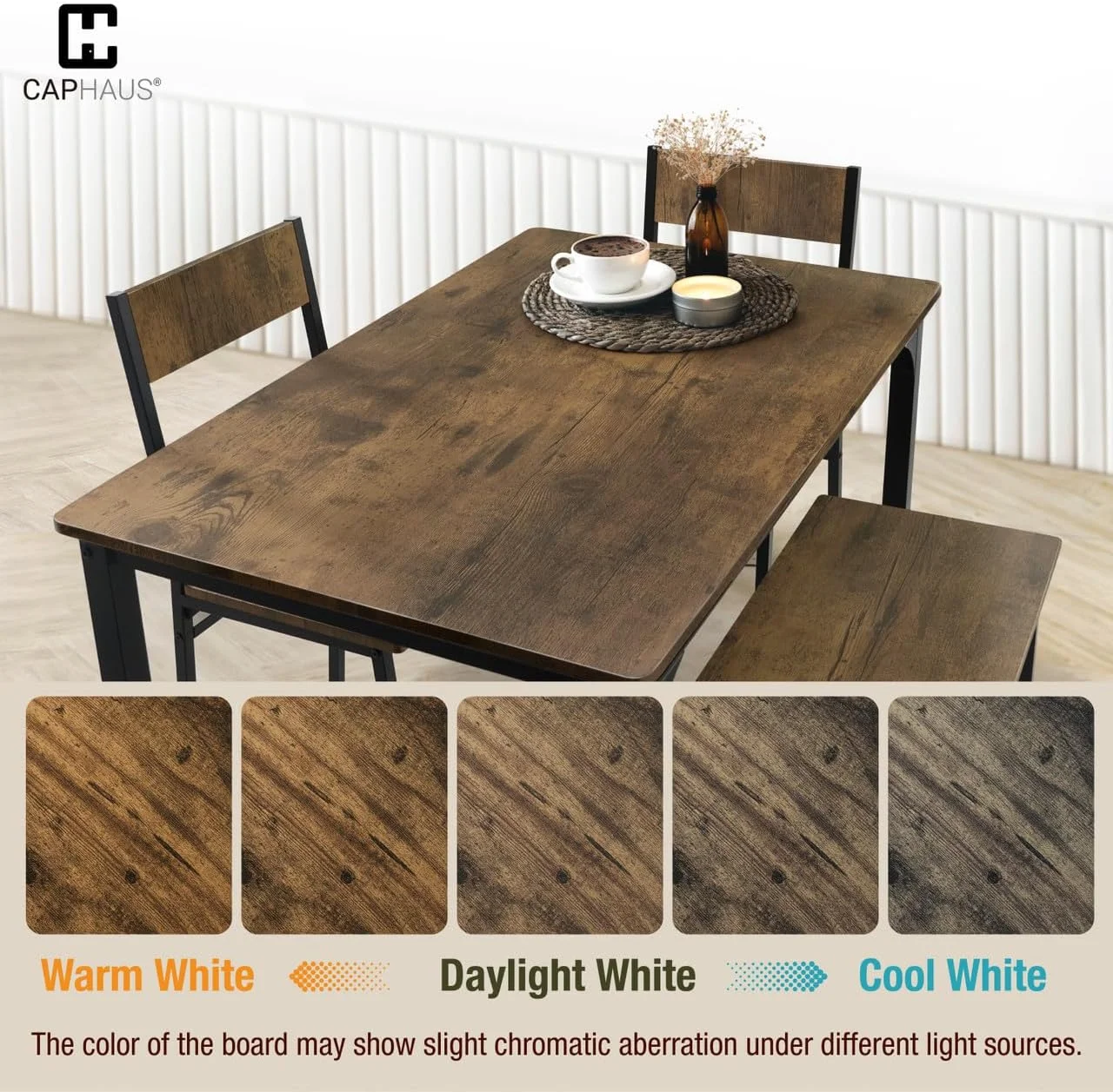 CAPHAUS 4 Pieces Dining Table Set for 4 w/ Bench and Chairs, Modern Table Set for Dining Room, Home, Kitchen w/ Storage Rack, Rectangle Table, Bench & Two Chairs, Space-Saving Dining Set, Rustic Oak
