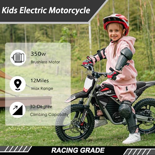 OLALA 36V Electric Dirt Bike for Kids Aged 4-8, Brushless 350W Racing Grade Electric Motorcycle, Up to 18.6MPH & 3 Speed Settings, Dual Disc Brakes, 14'' Off-Road Knobby Tires, Blue