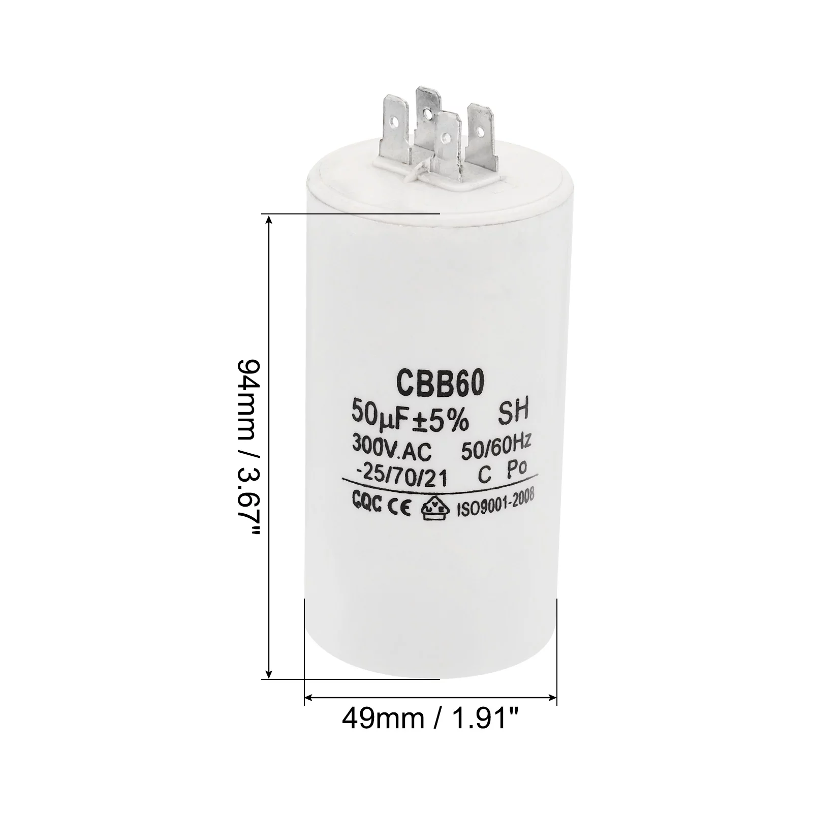 CBB60 50uF Running Capacitor,2pack AC300V 4 pins 50/60Hz Cylinder 1.91 x  3.67inch