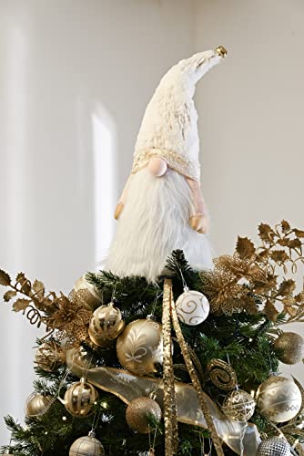 Valery Madelyn Lighted Christmas Tree Topper Gnome with Timer, 16.5 White and Gold Fabric Cute Santa Gnome Tree Topper with LED Lights for Party Ornaments Christmas Decoration Indoor, Battery Operated