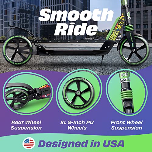 Skidee Adult & Teen Scooter Adjustable Height, Folding, Large Wheels, Lightweight, Durable, Anti-Shock Suspension, Up to 220 lbs