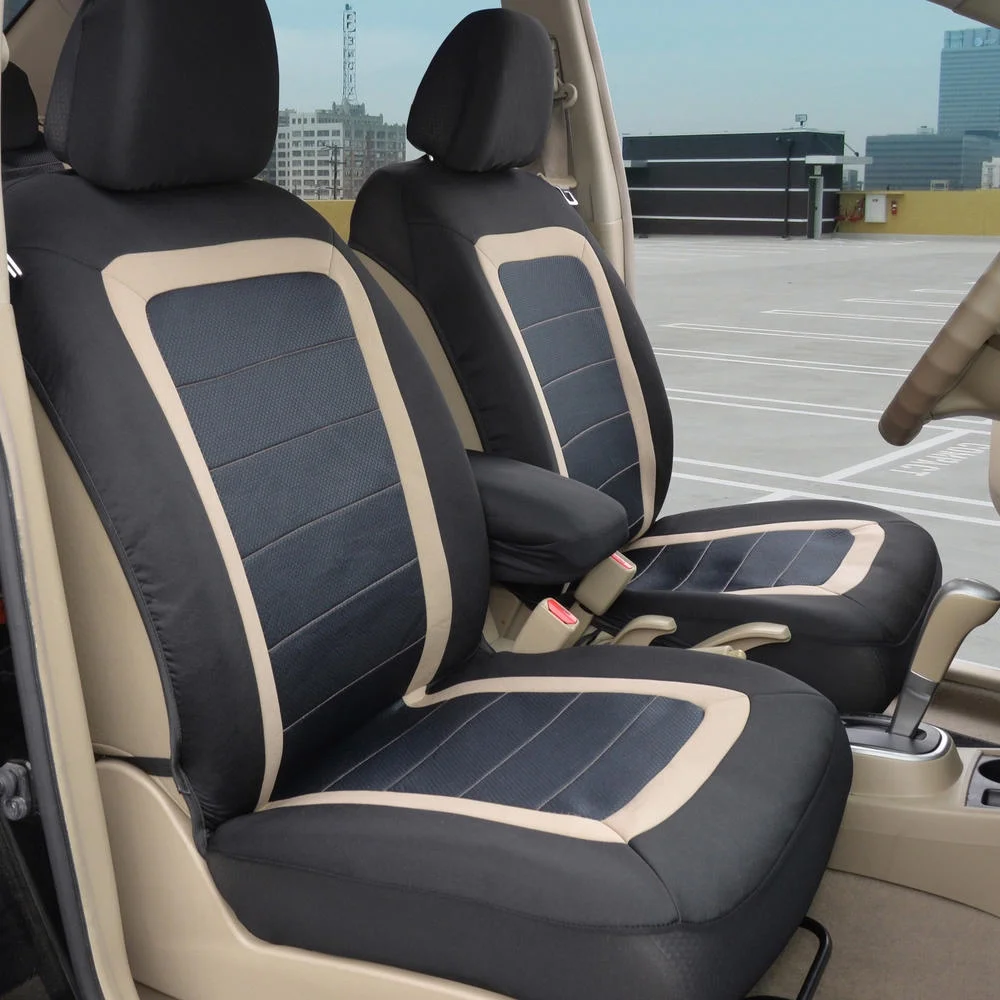 BDK Advanced Performance Car Seat Covers - Instant Install Sideless Front Seat Protector Pair - Modern Honeycomb Accent (Black/Beige)