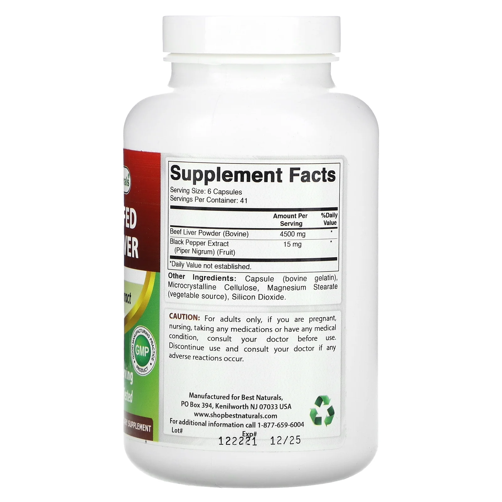 Best Naturals Grassfed Beef Liver, 4,500 mg, 250 Capsules (750 mg per Capsule)