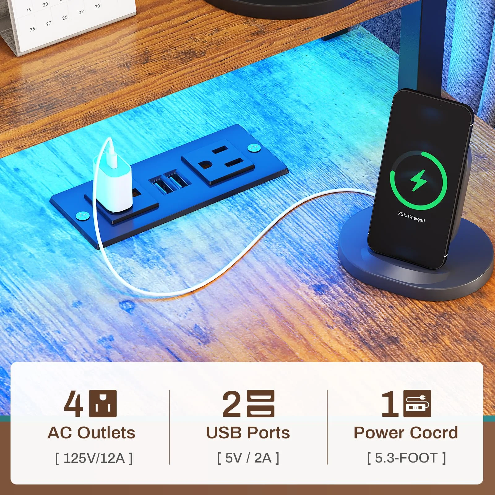 L Shaped Desk with 2 File Drawer and Power Outlet, Corner Computer Desk with LED Lights, Rustic Brown