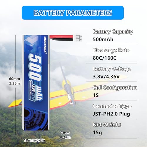 URGENEX 5PCS EMAX Battery 1S 500mAh 3.8V HV Lipo Battery 80C High Discharge Rate RC Drone Battery with PH2.0 Plug Fit for EMAX Quadcopter and Most 1S Racing Drone FPV