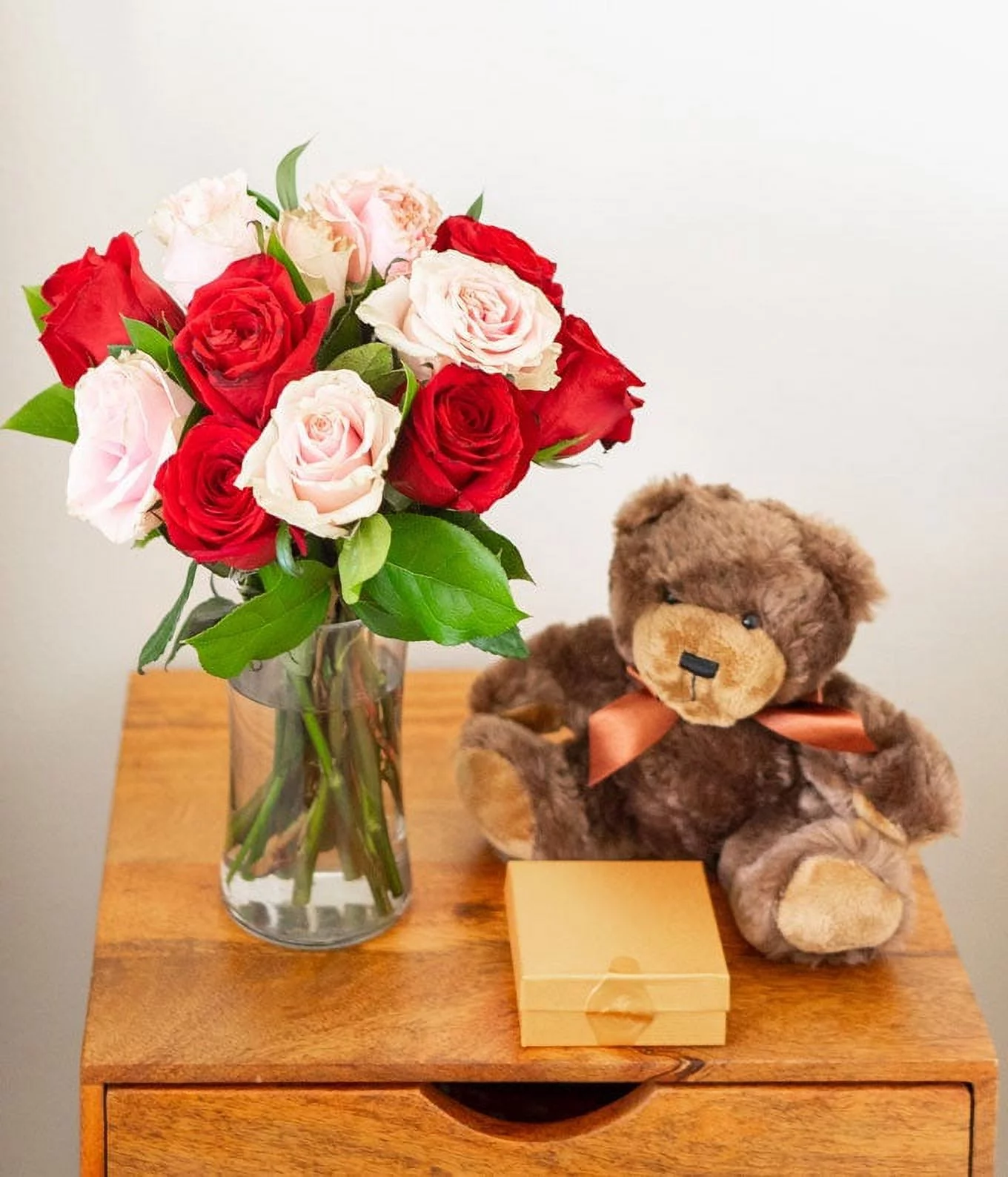 From You Flowers - One Dozen Red & Pink Roses with a Clear Glass Vase, Chocolates, & Teddy Bear (Fresh Flowers)