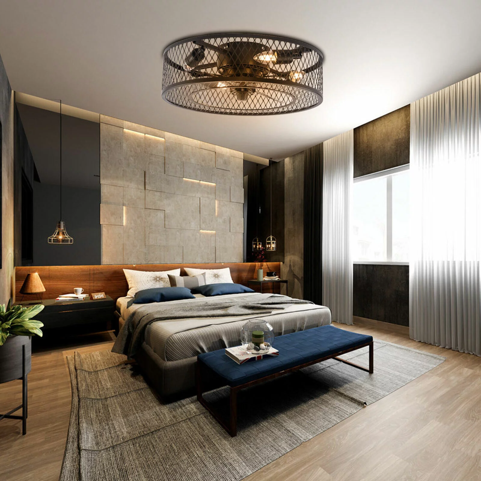 DENEST 18 Inch 110V Retro Metal Cage Ceiling Fan Light For Kitchen Island Bedroom Foyer