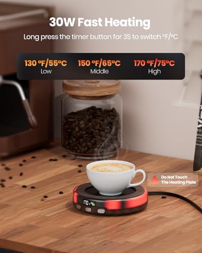 Gaiatop Coffee Mug Warmer for Desk, 3 Temp Settings, 2-9Hrs Timer, 3 Colorful Romantic Atmosphere Light Modes, Stocking Stuffers, Beverage Heating Plate with Digital Display for Candle Tea Milk Wood