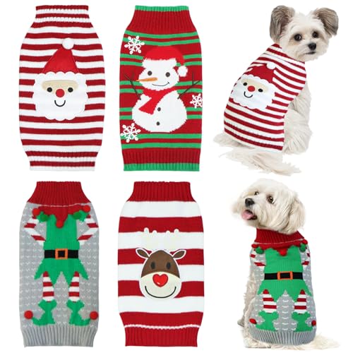 4 Pack Dog Christmas Sweater, GOYOSWA Dog Christmas Outfit Holiday Sweater Santa Snowman Reindeer Elf Knitted Sweaters for Small Medium Large Dogs Pets (Small)