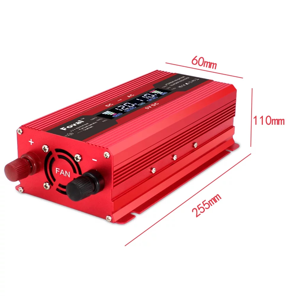 LVYUAN 800 Watts Power Inverter Modified Sine Wave Car Converter Charger Adapter 2USB DC 12V to AC 110V 120V LCD Display Red