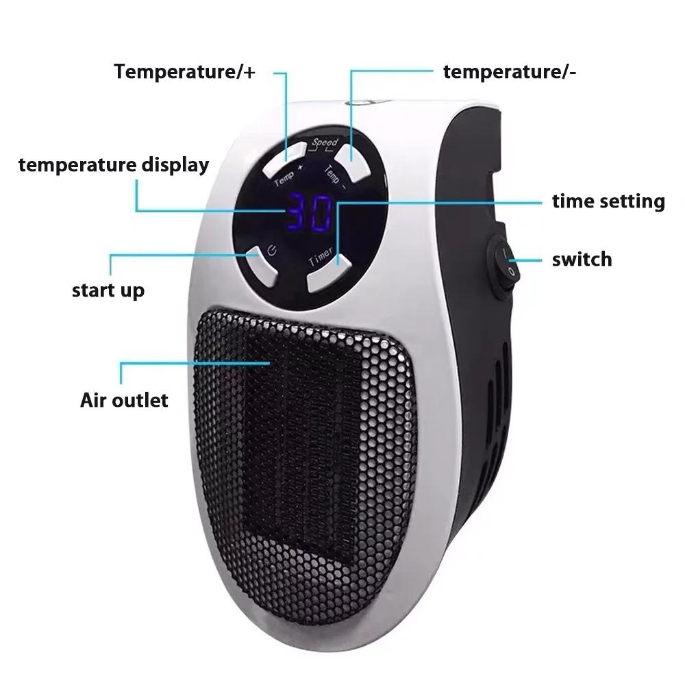 Ponyta 500W Space Heater Wall Outlet Electric Plug- in Space Heater with Adjustable Thermostat & Timer & LED Display