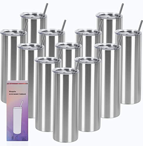 20 Oz Stainless Steel Straight Skinny Tumbler Set (8 Pack), Insulated Slim Thin Travel Cup with Lid, Black