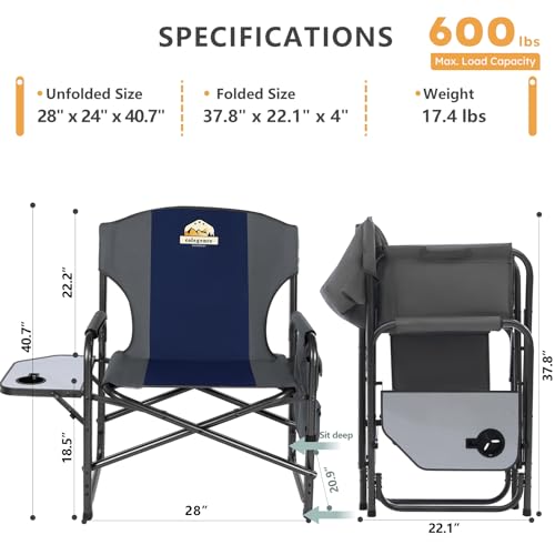 Oversized Directors Camping Chair Set of 2 Support 600 LBS, Heavy Duty Folding Outdoor Chairs with Detachable Side Pocket and Adjustable Side Table for Outside Beach,Lawn,Fishing (Black)