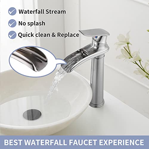 Vessel Sink Faucet Brushed Nickel Bathroom Faucet Waterfall Bathroom Sink Faucet One Hole Single Handle Lavatory Bath Vanity Tap with Pop Up Drain