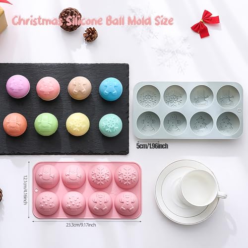 Christmas Chocolate Round Silicone Molds, Christmas Tree Snowflake Snowman Shape Half Sphere Circle Silicone Molds for Hot Chocolate Bomb, Candy Mini Soap, Cake, Jelly, Pudding, and Jello (8-Cavity)