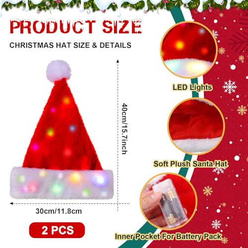 Estune 2 Pcs Light Up Christmas Hat Necklace Set LED Plush Santa Hat Christmas Bells Necklace Xmas Costume Accessories for Adult (Red)
