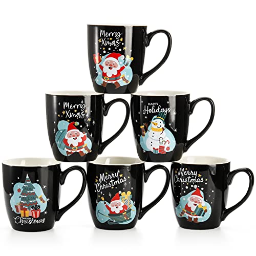 Hiceeden Set of 6 Large Christmas Coffee Mugs, 17 Oz Ceramic Santa Mugs Holiday Funny Novelty Mugs Snowman Christmas Tree for Aldult, Child, Gift, Beverage, Milk, Black