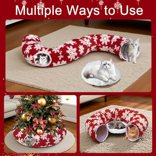 LUCKITTY Christmas Snowflake Print Cat Tunnel Under Tree, Velvet-Touch Jacquard Fabric with Hanging Plush Ball, 10-Inch Diameter 3-Ft Wide Round Pet Tube - Plush & Festive Cat Diversion Red