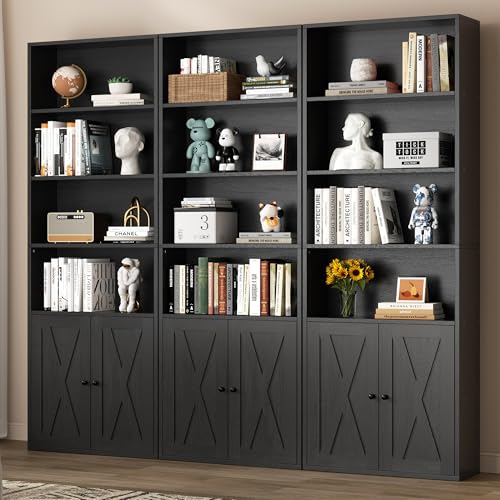 Shintenchi Bookshelf, Industrial Bookshelves and Bookcases with Doors Floor Standing 6 Shelf Display Storage Shelves 70.6 inches Tall Bookcase for Home Office, Living Room (Black)