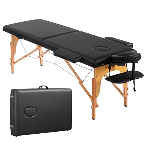 PrimeZone Portable Massage Table Lash Bed- Height Adjustable 2 Folding Massage Bed, Black Tattoo Lash Table with Carrying Bag, Professional Wooden Spa Table for Eyelash, Facial, Home, Therapy, Salon