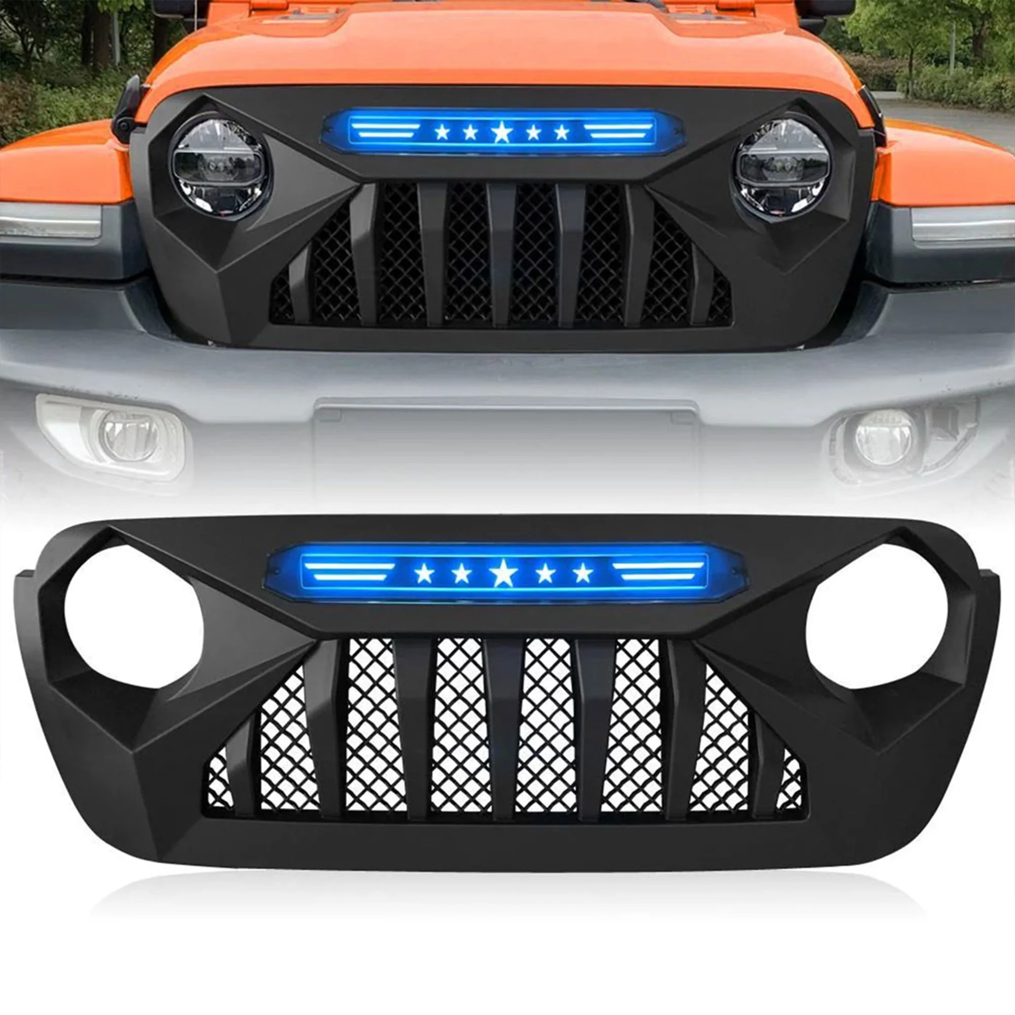 AMERICAN MODIFIED Demon Grille w/Blue Lights for 18-21 Wrangler/Gladiator