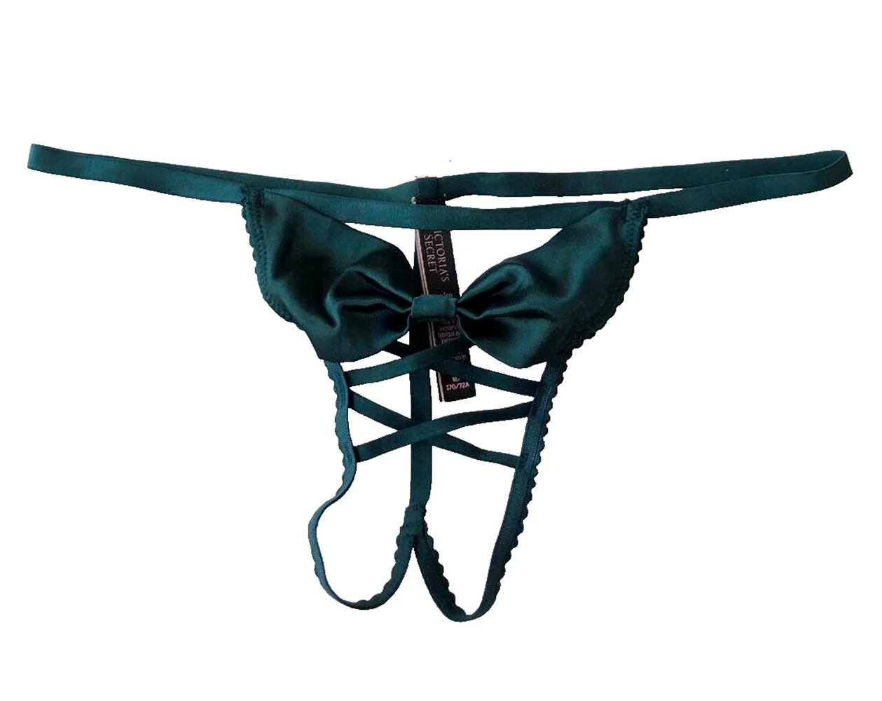 Victoria's Secret Dream Angels Crotchless Satin Bow V-String Panty Dark Green Size Medium NWT