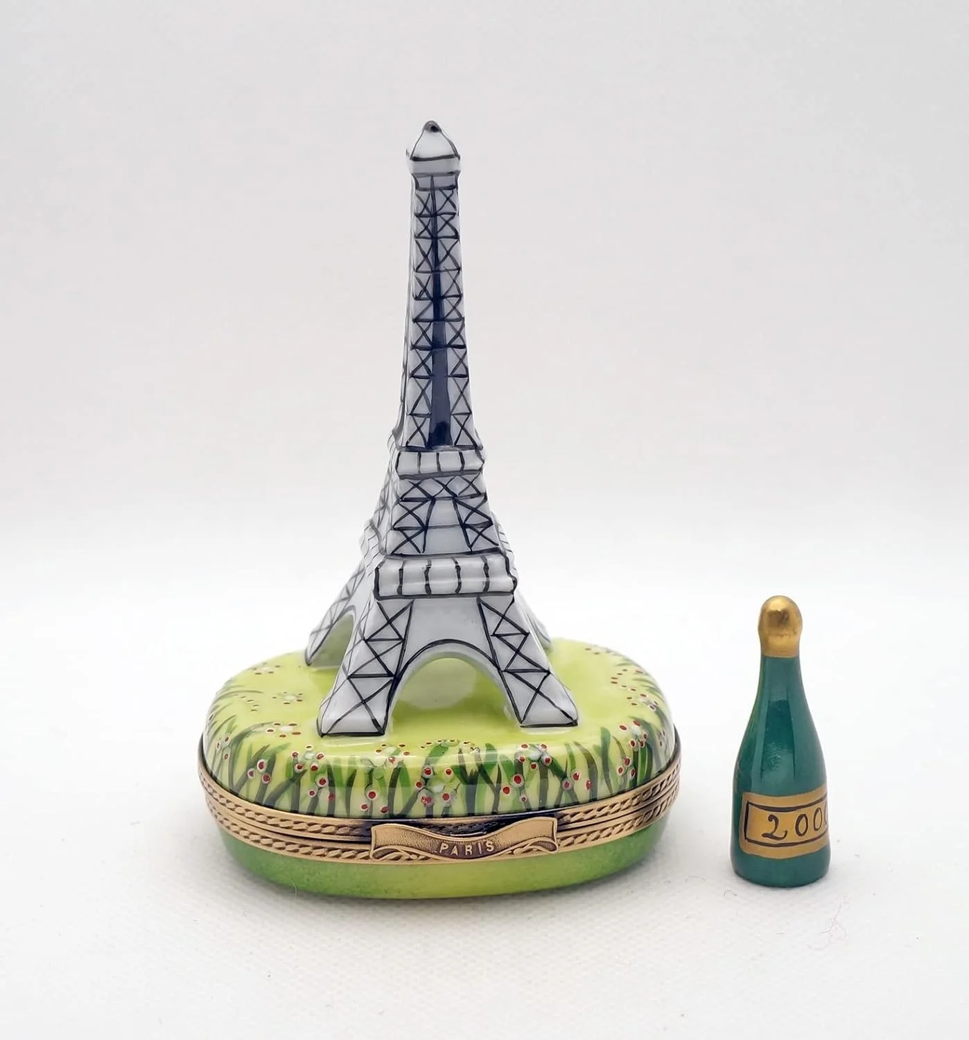 French Porcelain Hand Painted  Box Gorgeous Eiffel Tower Famous s Monument With Champagne Bottle