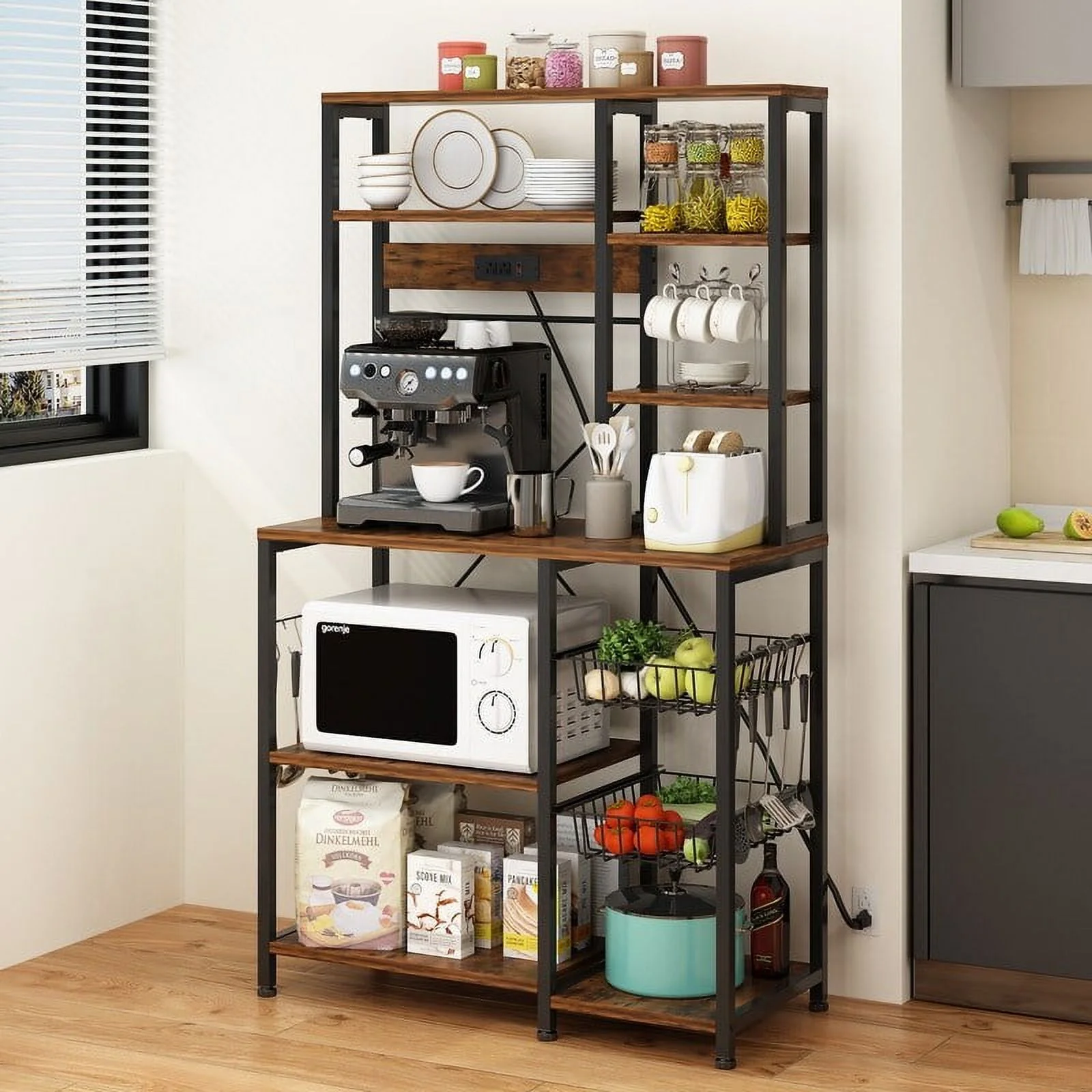 6 Layers Vintage Kitchen Baker's Rack with 10 S Hooks and Outlets