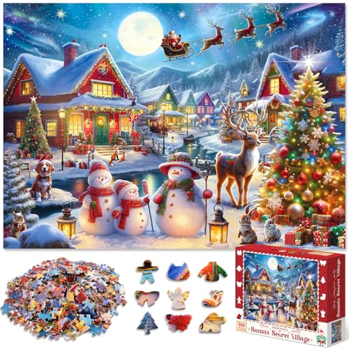 500 Piece Christmas Puzzle for Adults and Kids Santa's Secret Village Jigsaw Puzzle with Irregular Shape Christmas Puzzle Gift for Adults and Teens Family Challenging Puzzle Perfect for Game Nights