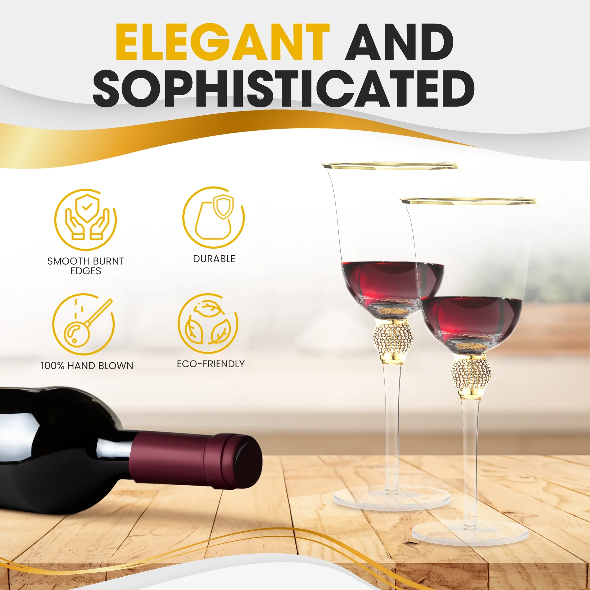 Berkware Set of 6 Gold tone Wine Glasses - Luxurious Rose and White Wine Glass with Dazzling Rhinestone Design and Gold tone Rim