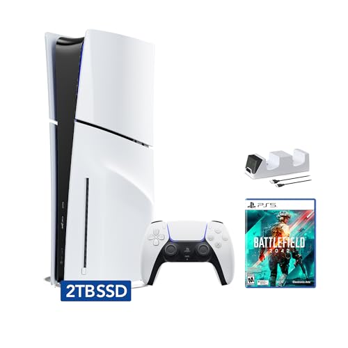 PlayStation 5 Slim Disc 2TB SSD Edition Bundle with Battlefield 2042 and C-Gamers Dual-Controller Charger - PS5, White [video game]