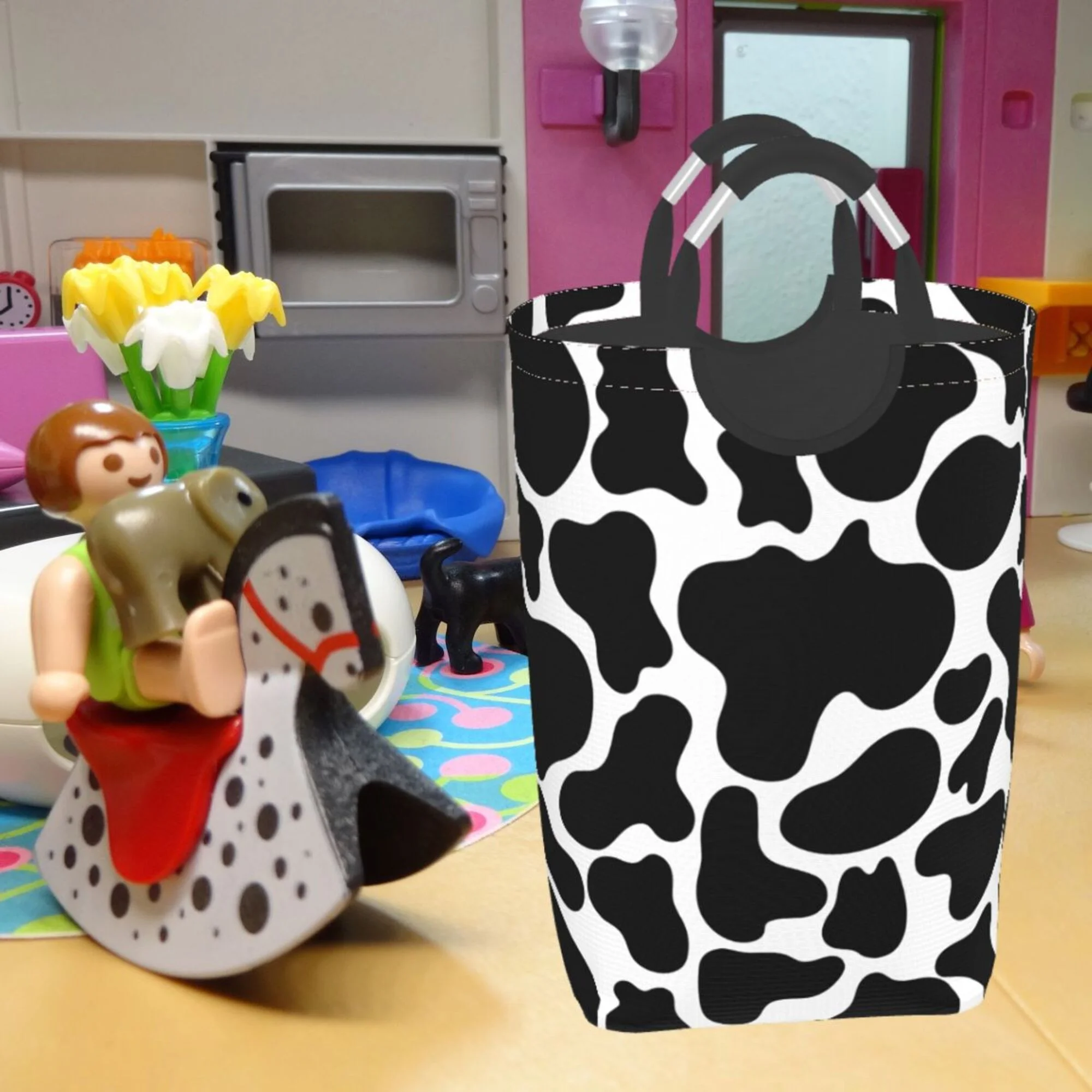 TEQUAN 50L Large Rectangular Laundry Hamper with Aluminum Handles, Abstract Black and White Cow Stria Prints Waterproof Foldable Dirty Clothes Basket