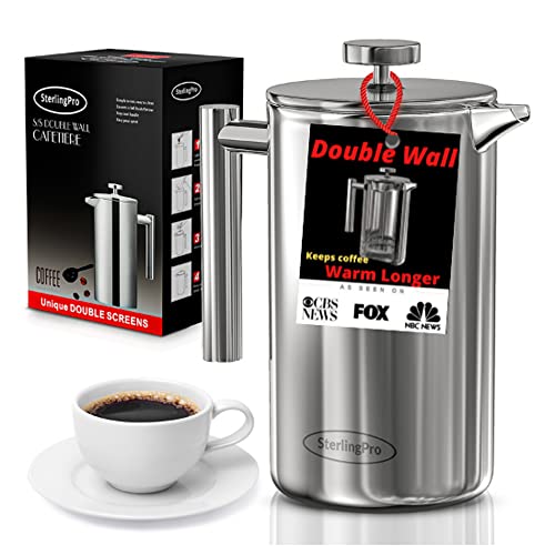 French Press Coffee Maker (1.75L)-Double Walled Large Coffee Press with 2 Extra Filters-Enjoy Granule-Free Coffee, Stylish Rust Free Kitchen Accessory-Stainless Steel (Mirror)